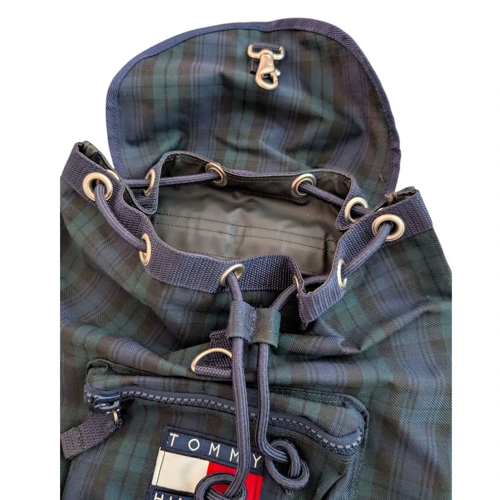 Vintage Tommy Hilfiger Spell Out Drawstring Cinch Backpack Navy Blue Green Plaid